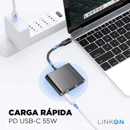 Hub USB-C 3 en 1 LinkOn – HDMI 4K@30 Hz, Carga PD 55 W y USB 3.0 5 Gbps