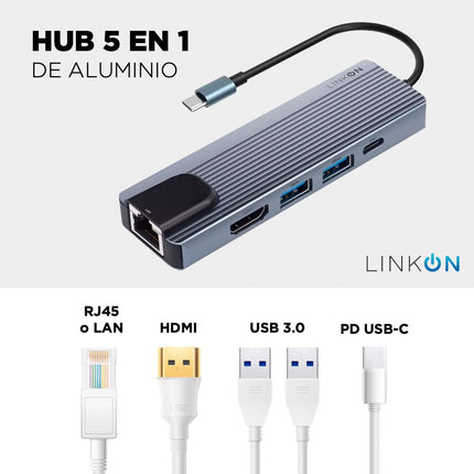 Hub USB-C 5 en 1 LinkOn con RJ45 100 Mbps, HDMI 4K, USB 3.0 y carga rápida PD 87 W