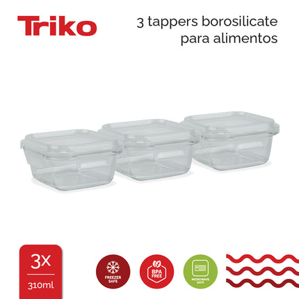 Set x3 Recipientes TRIKO Vidrio Borosilicato 310 ml – Herméticos, BPA Free, Microondas y Lavavajillas