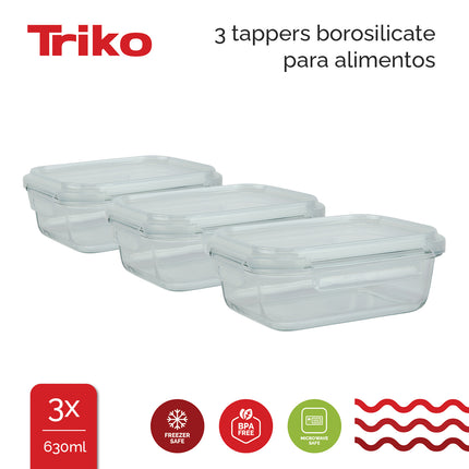 Set x3 Recipientes TRIKO Vidrio Borosilicato 630 ml – Herméticos, BPA Free, Microondas y Lavavajillas