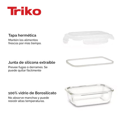 Set x3 Recipientes TRIKO Vidrio Borosilicato 630 ml – Herméticos, BPA Free, Microondas y Lavavajillas