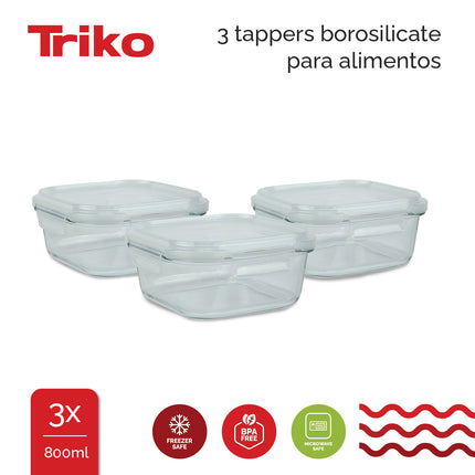 Set x3 Recipientes TRIKO Vidrio Borosilicato 800 ml – Herméticos, BPA Free y Apto Microondas